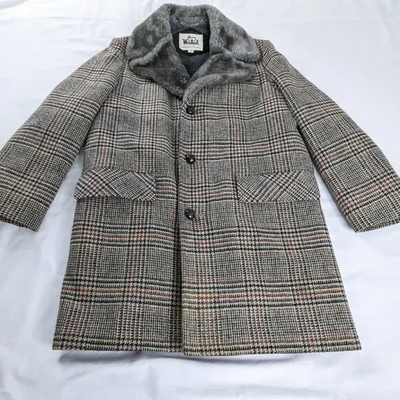 VTG Woolrich Gray Black Red Plaid Houndstooth Wool Fur Lined Long Coat 60s 70s - Picture 3 of 9